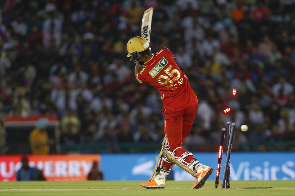 Punjab Kings Harpreet Brar is bowled out during the Indian Premier League cricket match between Punjab Kings and Royal Challengers Bangalore in Mohali, India, Thursday, April 20, 2023. (AP Photo/Surjeet Yadav)