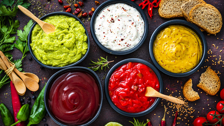 colorful dipping sauces on table 