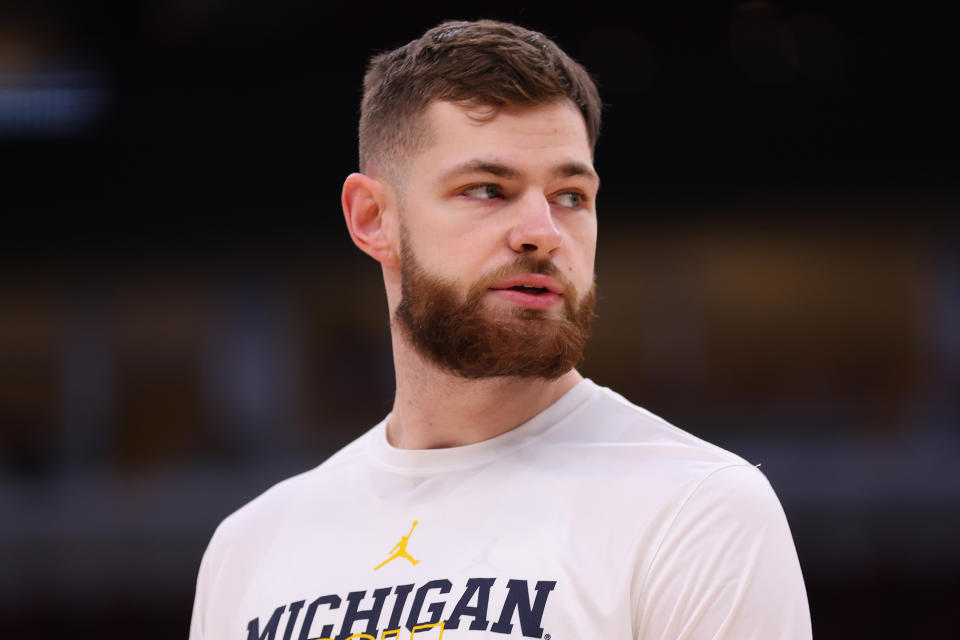 CHICAGO, ILLINOIS - MARCH 09: Hunter Dickinson #1 of the Michigan Wolverines looks on prior to the second round of the Big Ten Tournament against the Rutgers Scarlet Knights at United Center on March 09, 2023 in Chicago, Illinois. (Photo by Michael Reaves/Getty Images)