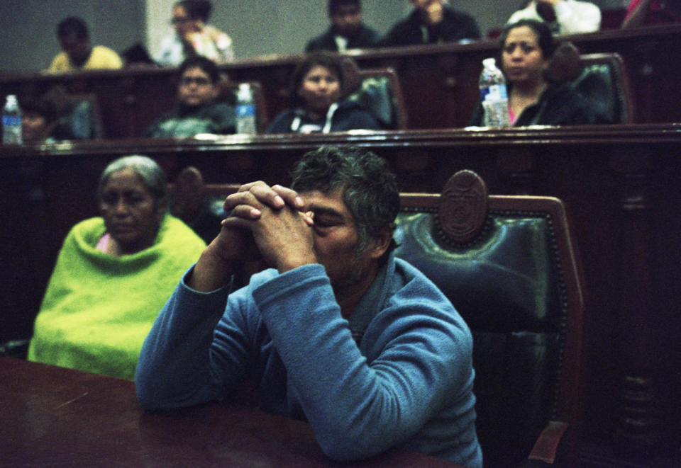 Bernab&eacute; Abraj&aacute;n, father of missing student Adan Abraj&aacute;n de La Bruz, at a meeting with the Guerrero Attorney General on March 9, 2016. The meeting was about video surveillance footage from the night of the students' disappearance that may have been lost.