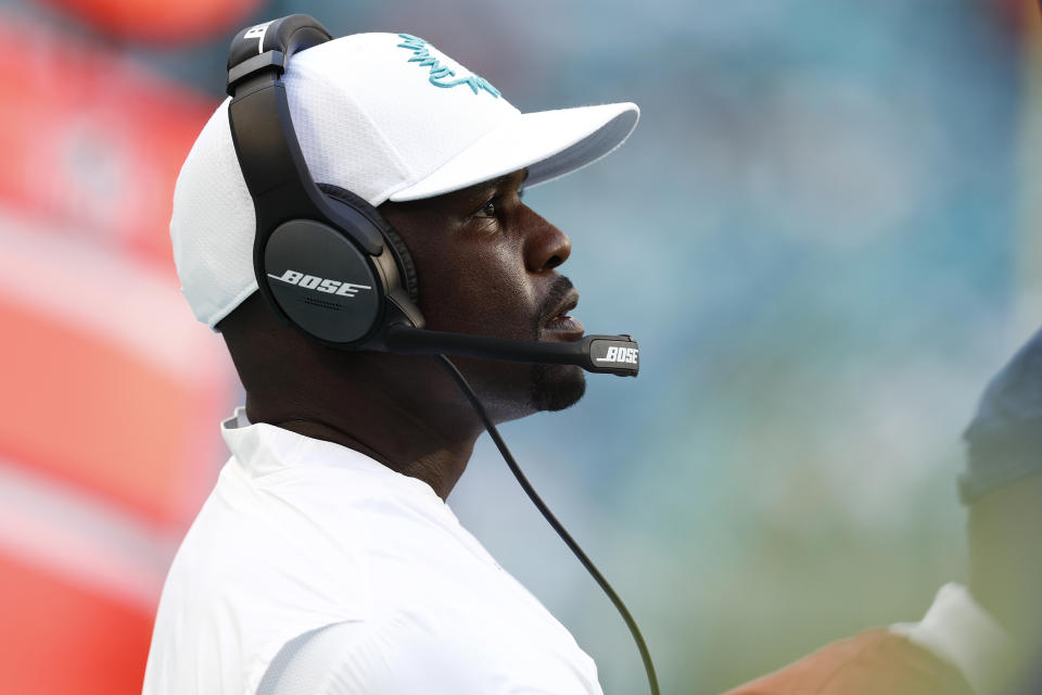Miami Dolphins head coach Brian Flores looks from the sidelines, during the second half at an NFL football game against the Baltimore Ravens, Sunday, Sept. 8, 2019, in Miami Gardens, Fla. The Ravens defeated the Dolphins 59-10. (AP Photo/Brynn Anderson)