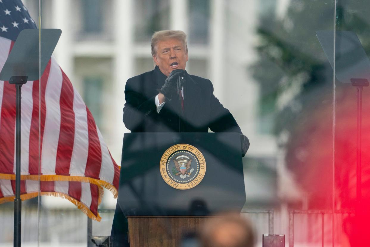 In this Jan. 6, 2021, photo, President Donald Trump speaks during a rally protesting the electoral college certification of Joe Biden as president in Washington. The former president canceled a news conference he had planned to hold in Florida on the anniversary of the Jan. 6 attack on the Capitol. Trump said in a statement on Jan. 4, 2022, that he would instead be discussing his grievances at a rally he has planned in Arizona later this month.