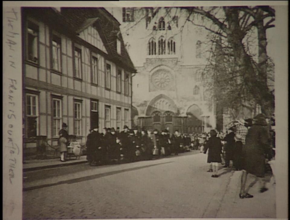 Jewish families from Halberstadt, Germany, assembled for deportation from the city, April 12, 1942. <a href="https://collections.ushmm.org/search/catalog/vha17046" rel="nofollow noopener" target="_blank" data-ylk="slk:USC Shoah Foundation Visual History Archive, Lou Beverstein interview.;elm:context_link;itc:0;sec:content-canvas" class="link ">USC Shoah Foundation Visual History Archive, Lou Beverstein interview.</a>, <a href="http://creativecommons.org/licenses/by-sa/4.0/" rel="nofollow noopener" target="_blank" data-ylk="slk:CC BY-SA;elm:context_link;itc:0;sec:content-canvas" class="link ">CC BY-SA</a>