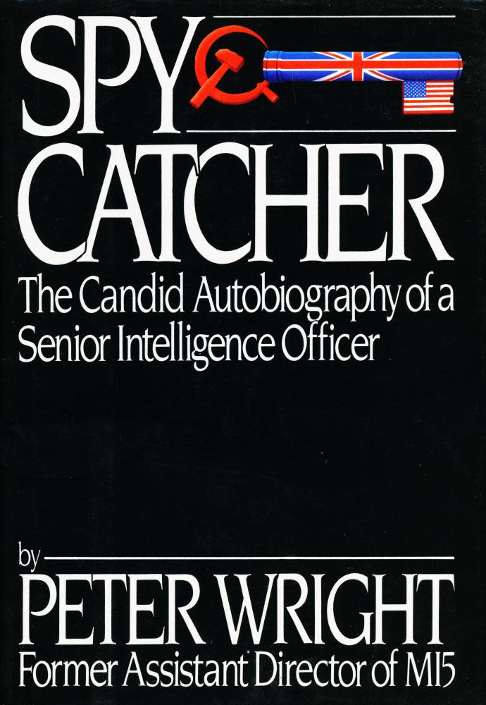 Cover design of Spycatcher - a largely black cover with white lettering, decorated with a union jack, US flag and hammer and sickle