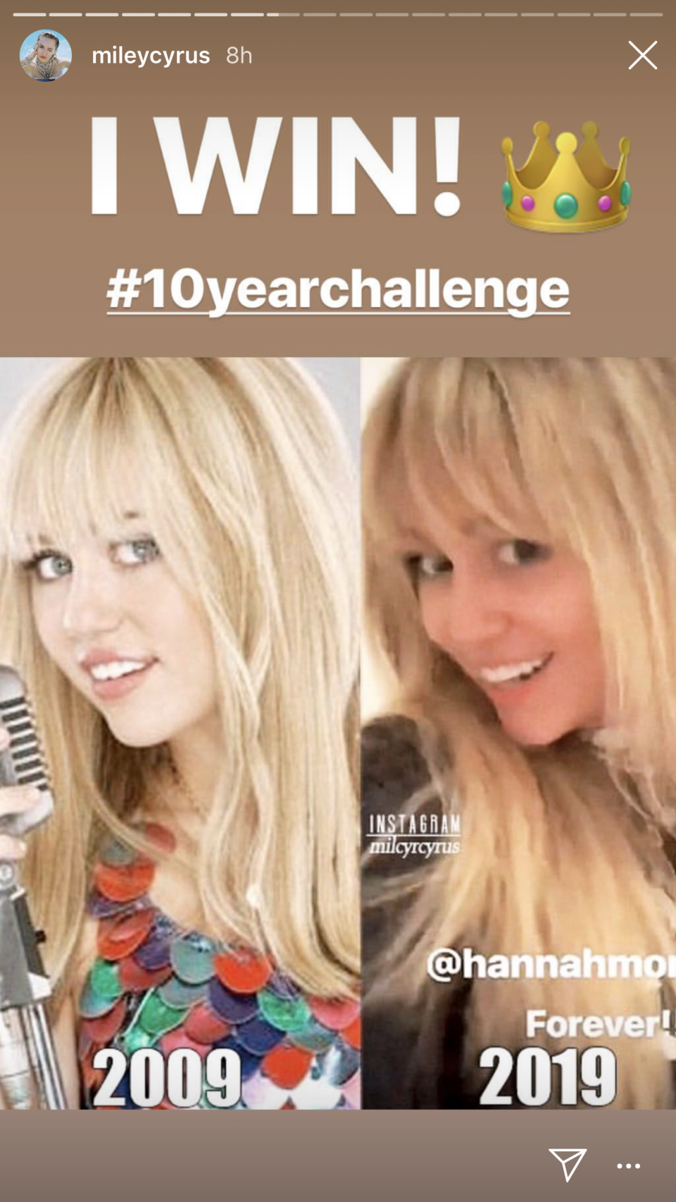 <h1 class="title">Miley 10 Year Challenge</h1><cite class="credit">Instagram/@mileycyrus</cite>