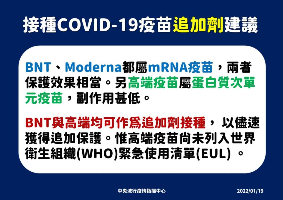 第20期追加劑建議。   圖：中央流行疫情指揮中心／提供