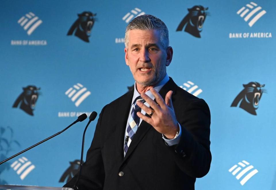 New Carolina Panthers head coach Frank Reich speaks during his introductory press conference at Bank of America Stadium on Tuesday, January 31, 2023.