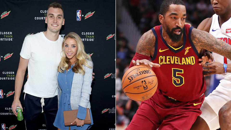 Pictured left, Sam Dekker and his wife Oloivia, with J.R. Smith on the right.