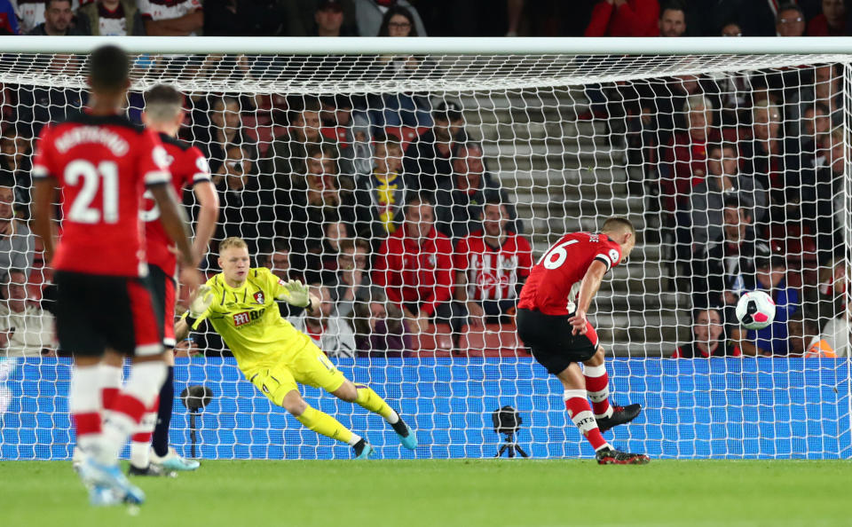 Soccer Football - Premier League - Southampton v AFC Bournemouth - St Mary's Stadium, Southampton, Britain - September 20, 2019   Southampton's James Ward-Prowse scores their first goal from the penalty spot      REUTERS/Eddie Keogh    EDITORIAL USE ONLY. No use with unauthorized audio, video, data, fixture lists, club/league logos or "live" services. Online in-match use limited to 75 images, no video emulation. No use in betting, games or single club/league/player publications.  Please contact your account representative for further details.