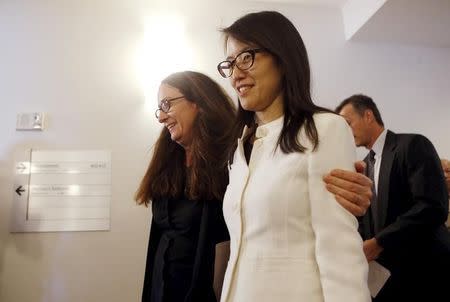 Ellen Pao (R) and attorney Therese Lawless leave the courtroom after losing in Pao's high profile gender discrimination lawsuit against venture capital firm Kleiner, Perkins, Caufield and Byers in San Francisco, California March 27, 2015. REUTERS/Beck Diefenbach