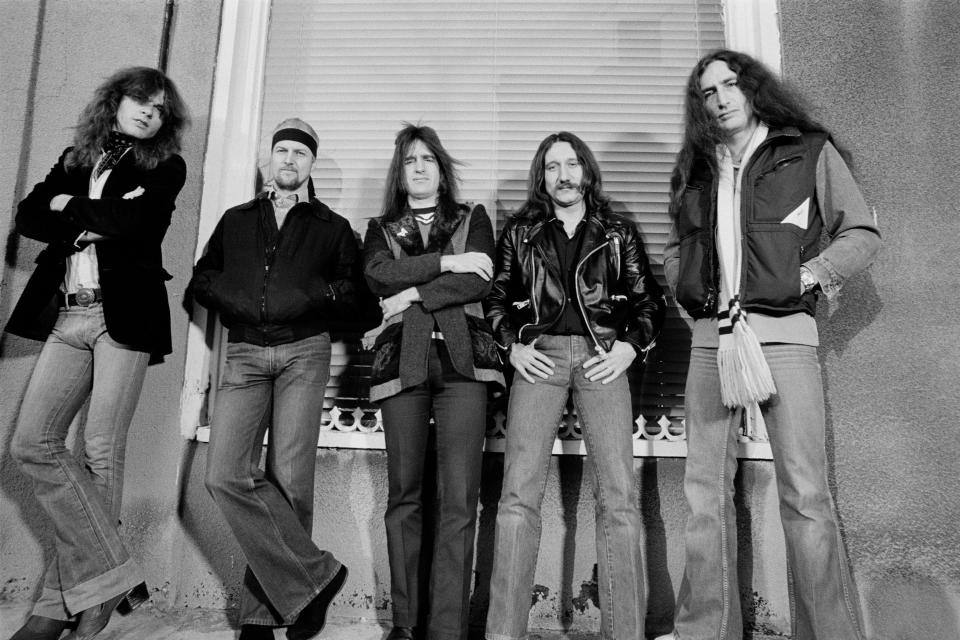 Rock band Uriah Heep posed in Islington, London in November 1979. Left to right: singer John Sloman, drummer Chris Slade, bassist Trevor Bolder, guitarist Mick Box and keyboard player Ken Hensley. (Photo by Fin Costello/Redferns)