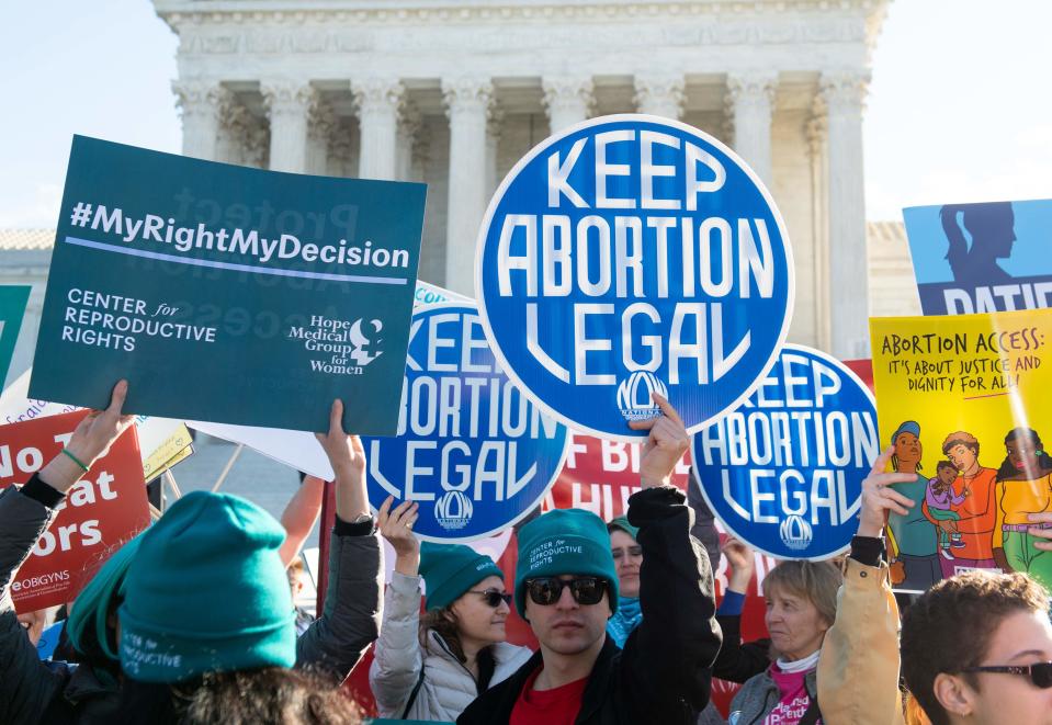 Activists supporting legal access to abortion protest outside the Supreme Court in April 2020.