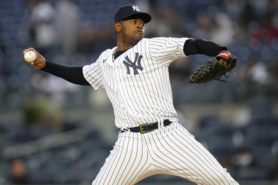 New York Yankees' Luis Severino pitches during the first inning of a baseball game against the Baltimore Orioles, Tuesday, April 26, 2022, in New York. (AP Photo/Frank Franklin II)
