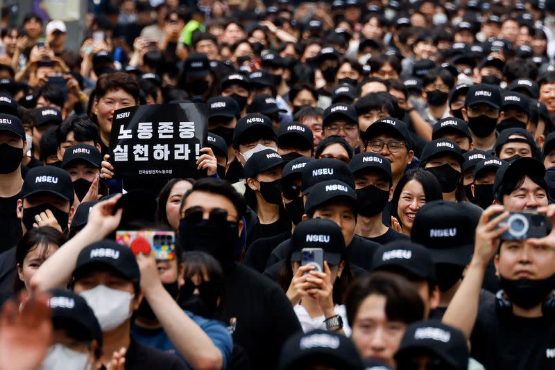 The National Samsung Electronics Union (NSEU) holds a rare protest for fair treatment, in Seoul