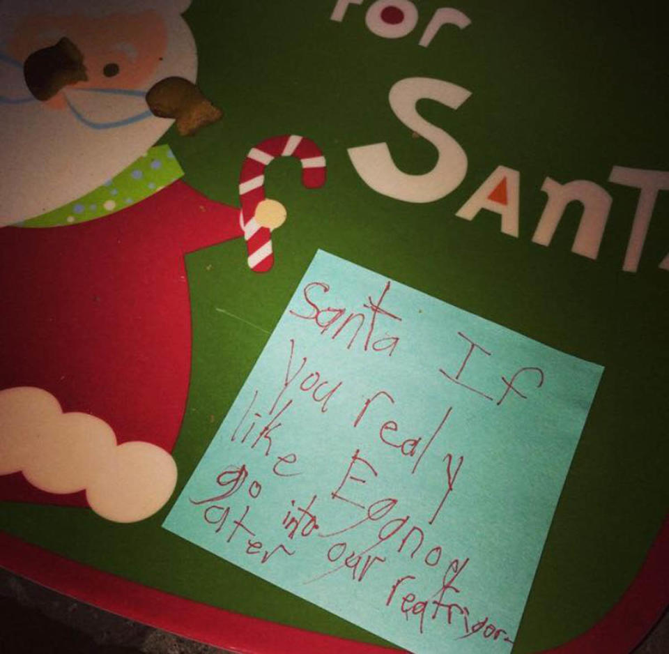 7-year-old left this next to the cookies and small glass of eggnog.