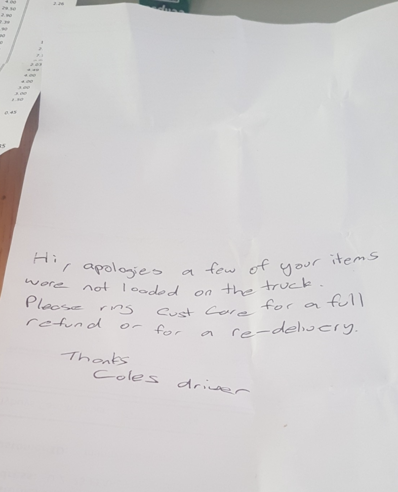 Note left with the groceries of an "unimpressed" customer. 