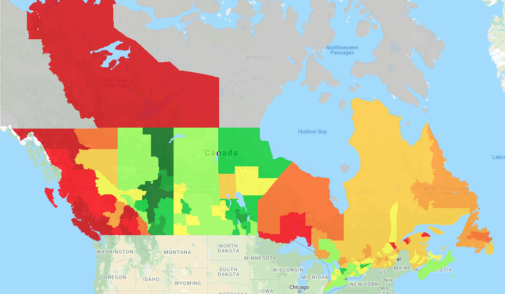 A heat map of gas prices in Canada. (Gasbuddy.com)