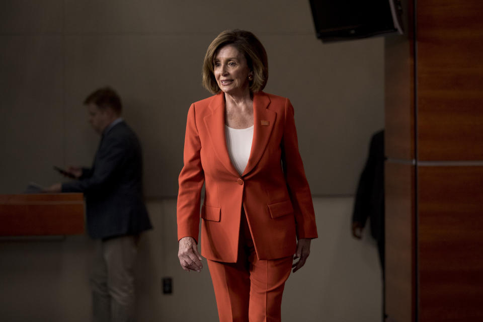 House Speaker Nancy Pelosi of Calif. arrives to meet with reporters at the Capitol in Washington, Wednesday, June 5, 2019. (AP Photo/Andrew Harnik)