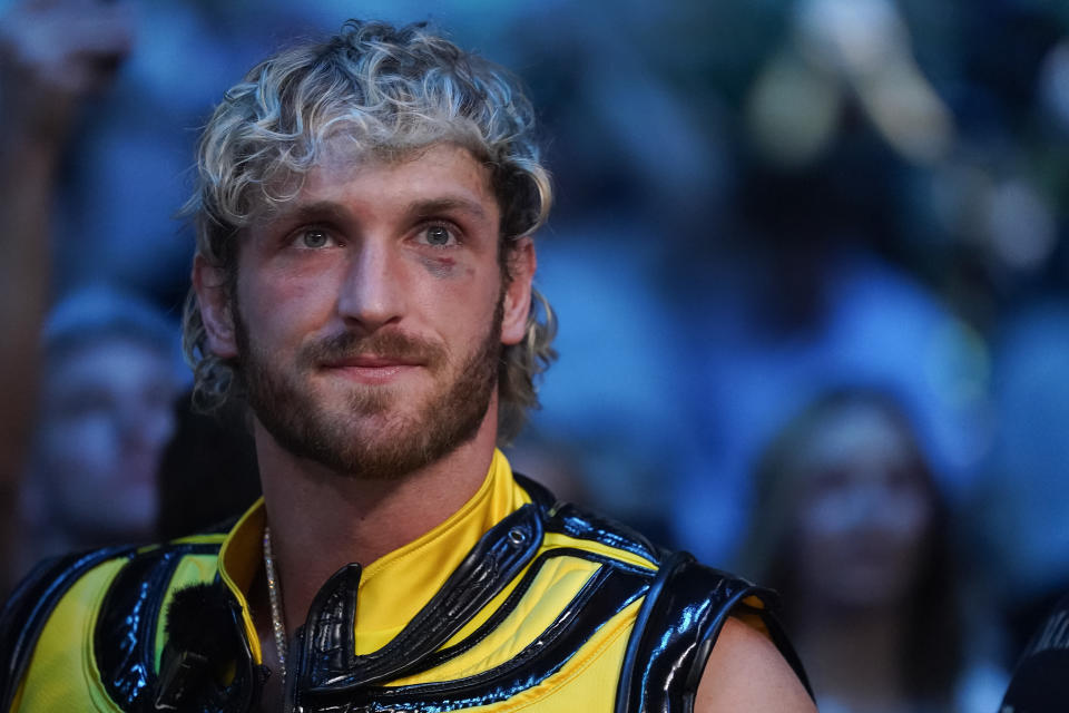 Logan Paul attends the fight between Jake Paul and Nate Diaz at the American Airlines Center on August 05, 2023 in Dallas, Texas. (Photo by Sam Hodde/Getty Images)