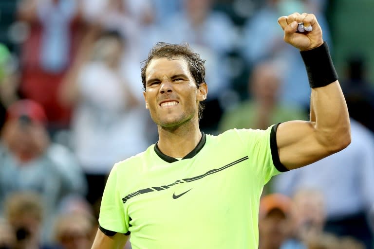 Rafael Nadal of Spain celebrates his win over Dudi Sela of Israel during the Miami Open at the Crandon Park Tennis Center on March 24, 2017