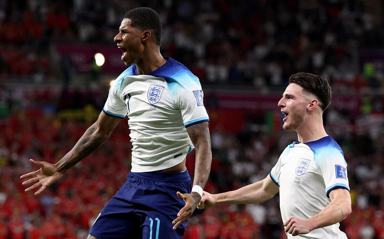 World Cup 2022 score predictions for England vs Senegal today - Marcus Rashford and Declan Rice against Wales - Francois Nel/Getty Images