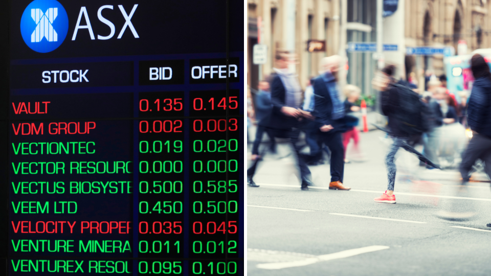 The ASX board and people crossing a busy street in peak hour.