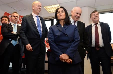 British politicians (L-R) Michael Gove, Chris Grayling, Priti Patel, Iain Duncan Smith and John Whittingdale pose for a photograph at the launch of the Vote Leave campaign, at the group's headquarters in central London, Britain February 20, 2016. REUTERS/Stefan Rousseau/Pool