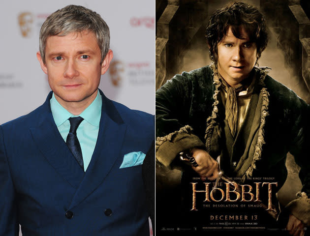 Martin Freeman in echt (l.) und auf dem Kinoplakat zu „Der Hobbit: Smaugs Einöde“ (Bilder: Getty Images, Warner Bros.)