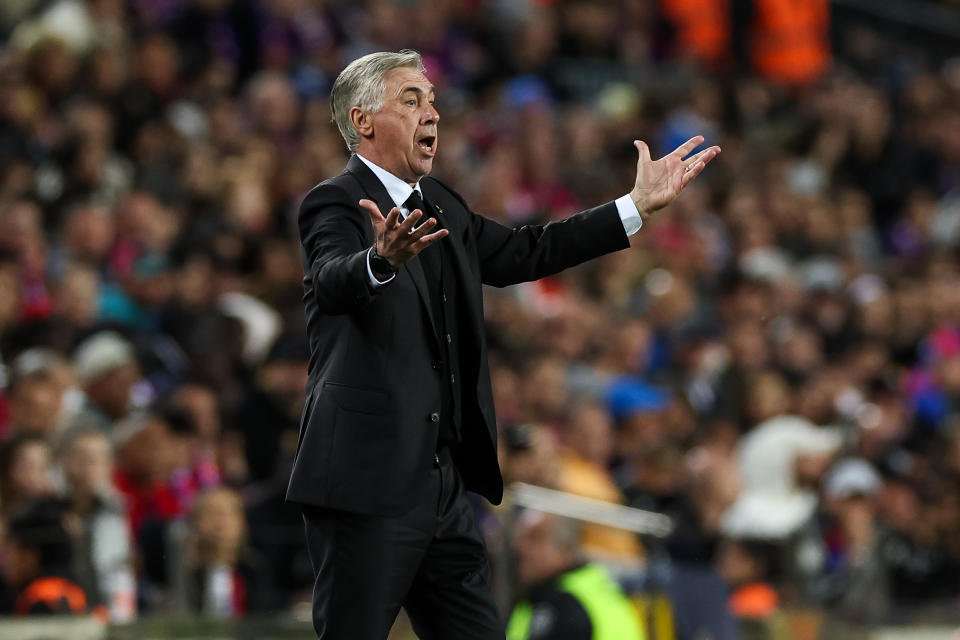 BARCELONA, SPAIN - APRIL 5: Carlo Ancelloti, head coach of Real Madrid follows the Copa del Rey semi-final football match between Barcelona and Real Madrid at Camp Nou Stadium in Barcelona, Spain on April 05, 2023. (Photo by Adria Puig/Anadolu Agency via Getty Images)