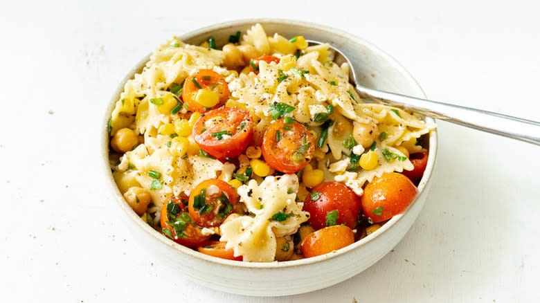 bowl of bowl tie pasta salad