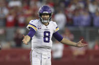 Minnesota Vikings quarterback Kirk Cousins (8) reacts during the second half of an NFL football game against the San Francisco 49ers in Santa Clara, Calif., Sunday, Nov. 28, 2021. (AP Photo/Jed Jacobsohn)