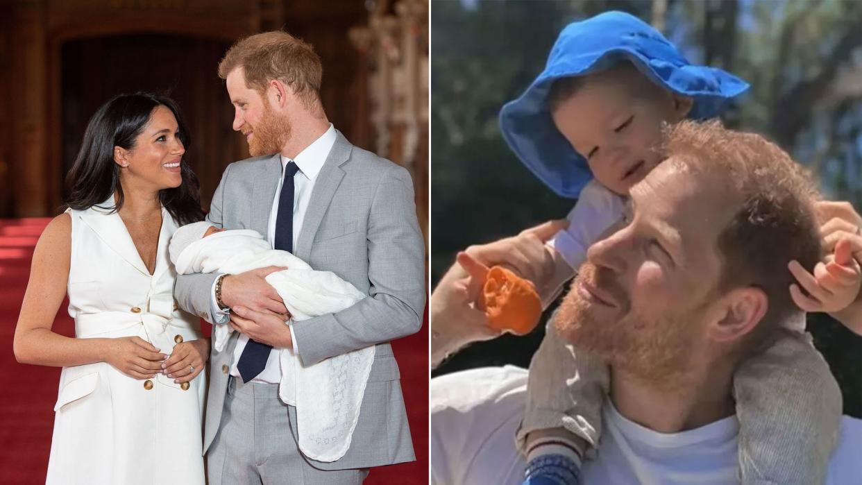 Baby Archie and Toddler Archie on Harry's shoulders