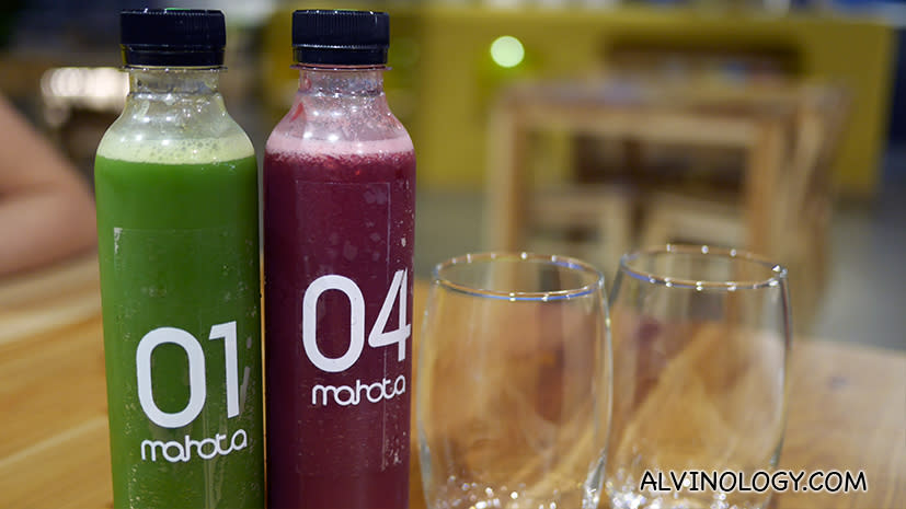 Cold-pressed juices (S$7.90 per bottle), prepared fresh every morning