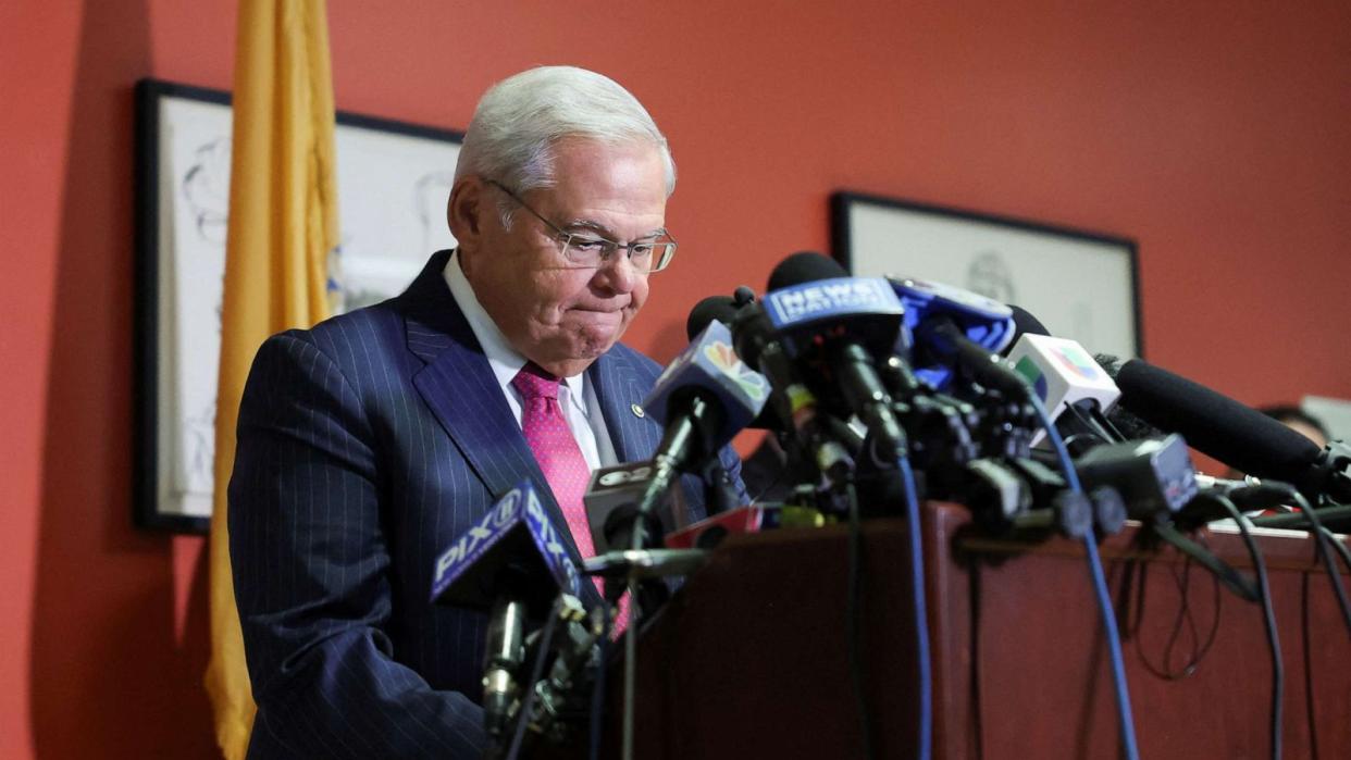 PHOTO: Senator Robert Menendez delivers remarks, after he and his wife Nadine Menendez were indicted on bribery offenses in connection with their corrupt relationship with three New Jersey businessmen, in Union City, N.J., Sept. 25, 2023. (Mike Segar/Reuters)