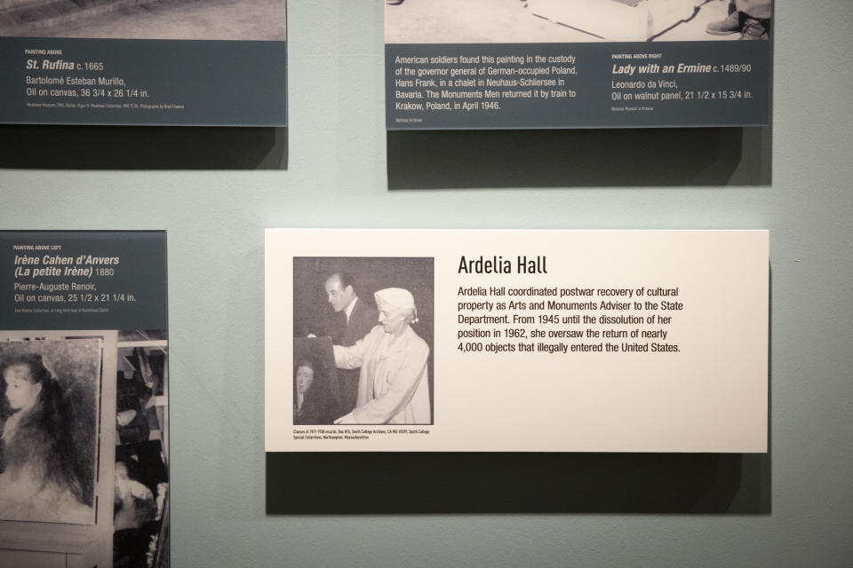 A plaque dedicated to Ardelia Hall is displayed as part of a permanent exhibition about the Monuments Men and Women at The National WWII Museum in New Orleans, Thursday, Feb. 15, 2024. (AP Photo/Christiana Botic)