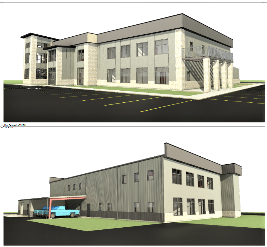 An artist's front and rear view drawing of the proposed Holmes County Health Department building to be constructed on Glen Drive between Rodhe's IGA and the Holmes County District Public Library. The Holmes County Commissioners hope to see progress on this project in 2023.