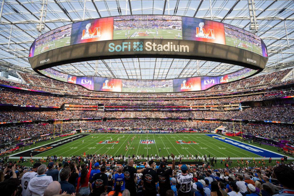 This is a general view of the interior of SoFi Stadium from an elevated position during Super Bowl 56 football game between the Los Angeles Rams and the Cincinnati Bengals on Sunday, Feb. 13, 2022, in Inglewood, Calif.