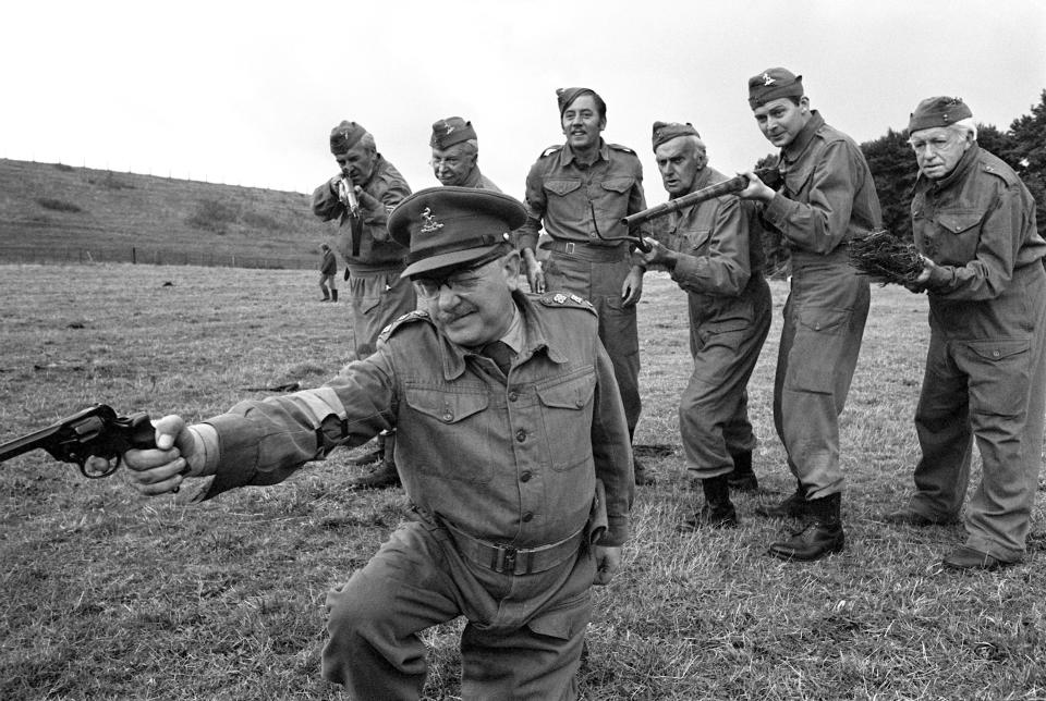 The cast from the BBC's hit comedy, "Dad's Army", in a scene from one of the famous episodes of the show. The cast are Arthur Lowe (foreground) and (background L-R) John Le Mesurier, Clive Dunn, James Beck, John Laurie, Ian Lavender and Arnold Ridley.   (Photo by PA Images via Getty Images)