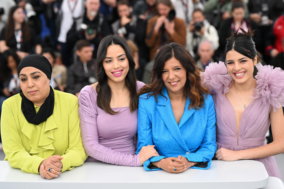 (L-R) Olfa Hamrouni, Eya Chikhaoui, Director Kaouther Ben Hania and Tayssir Chikhaoui attend 'Les Filles D'Olfa (Four Daughters)' photocall in Cannes May 20, 2023.