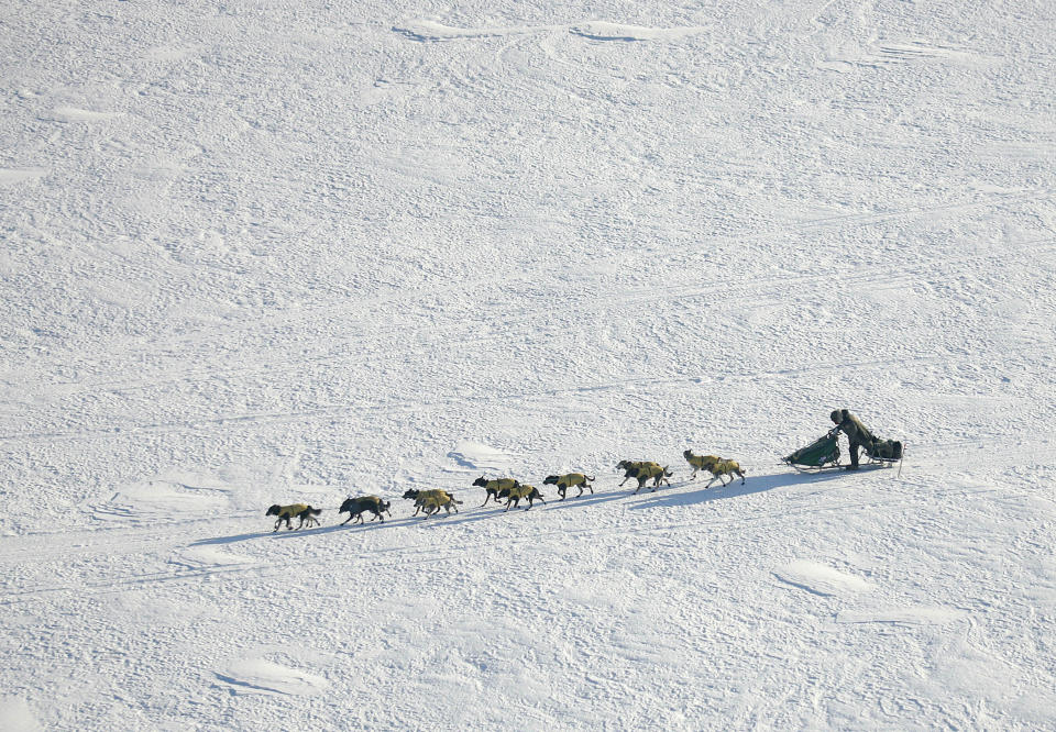 FILE - In this March 10, 2007 file photo Iditarod Trail Sled Dog Race front runner, four-time Iditarod champion Jeff King of Denali Park, Alaska, drives his dog team through the wind on the Yukon River near the Eagle Island, Alaska. When 57 mushers line up Sunday, March 8, 2020 for the official start of the Iditarod Trail Sled Dog Race, it will be the second-smallest field in the past two decades. (AP Photo/Al Grillo,File)