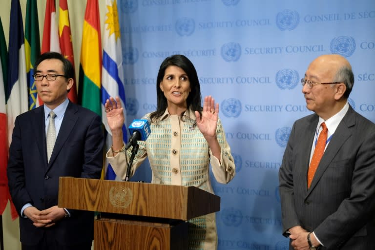 US Ambassador to the United Nations Nikki Haley, centre, briefed the press with Japanese Ambassador Koro Bessho (left) and South Korean Ambassador Tae-yul Cho last week as the UN Security Council weighed new sanctions on Pyongyang