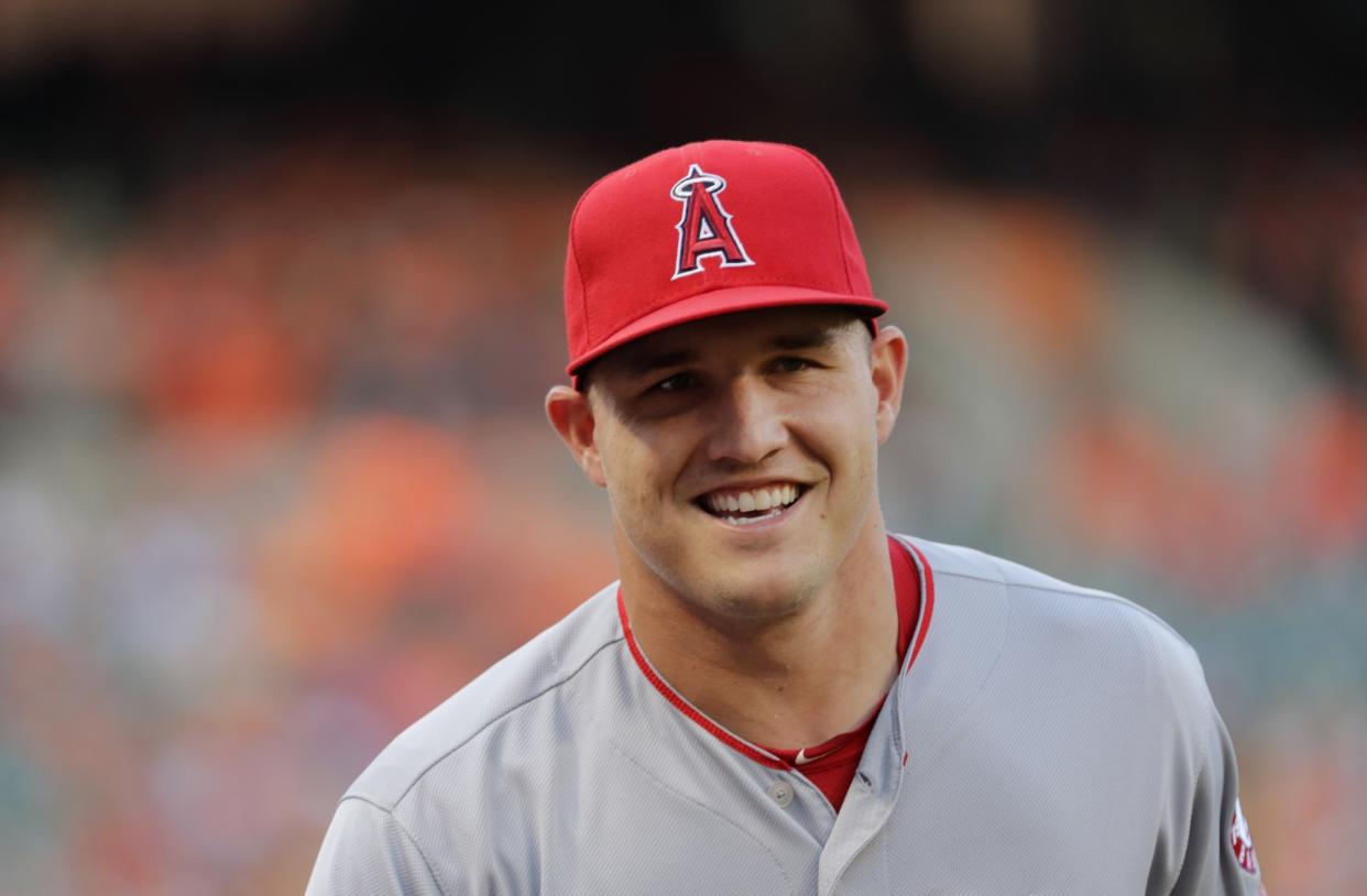 Mike Trout isn’t just an Angels player, he’s an Eagles fan from New Jersey. And he’ll love the Eagles’ choice of practice venue this week. (AP Photo)