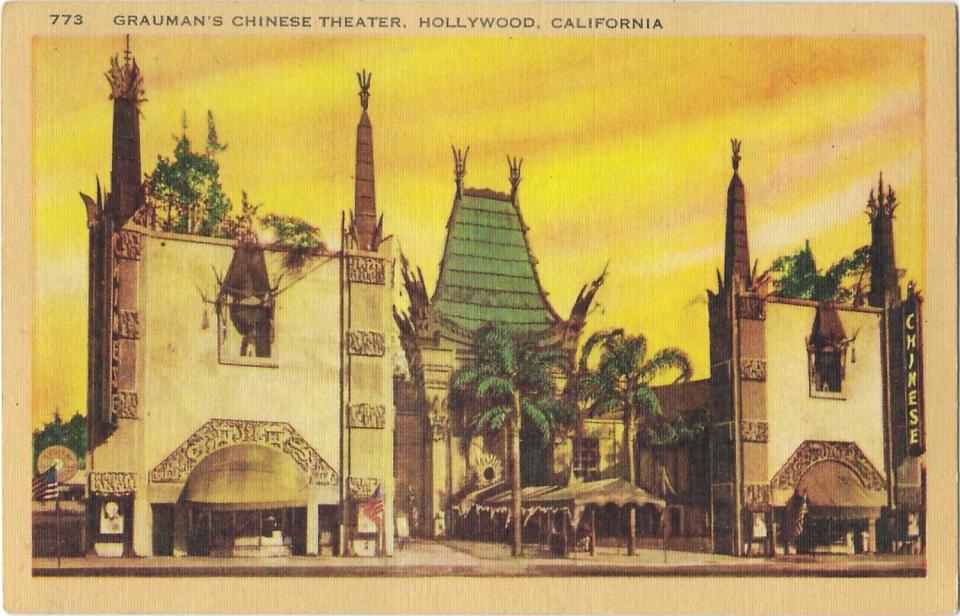 Vintage postcard shows Grauman's Chinese Theater in Hollywood, with palm trees in the courtyard and a yellow-and-orange sky.