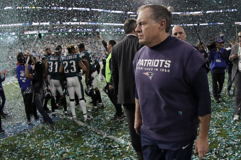 FILE - In this Feb. 4, 2018, file photo, New England Patriots head coach Bill Belichick walks off the field after the NFL Super Bowl 52 football game against the Philadelphia Eagles, in Minneapolis. The Eagles won 41-33. (AP Photo/Mark Humphrey, File)