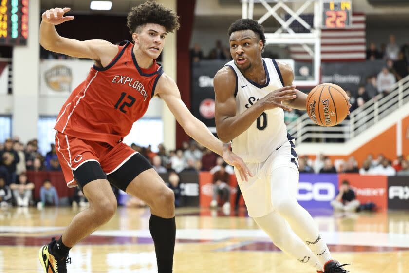 Sierra Canyon's Bronny James #0 in action against Christopher Columbus.