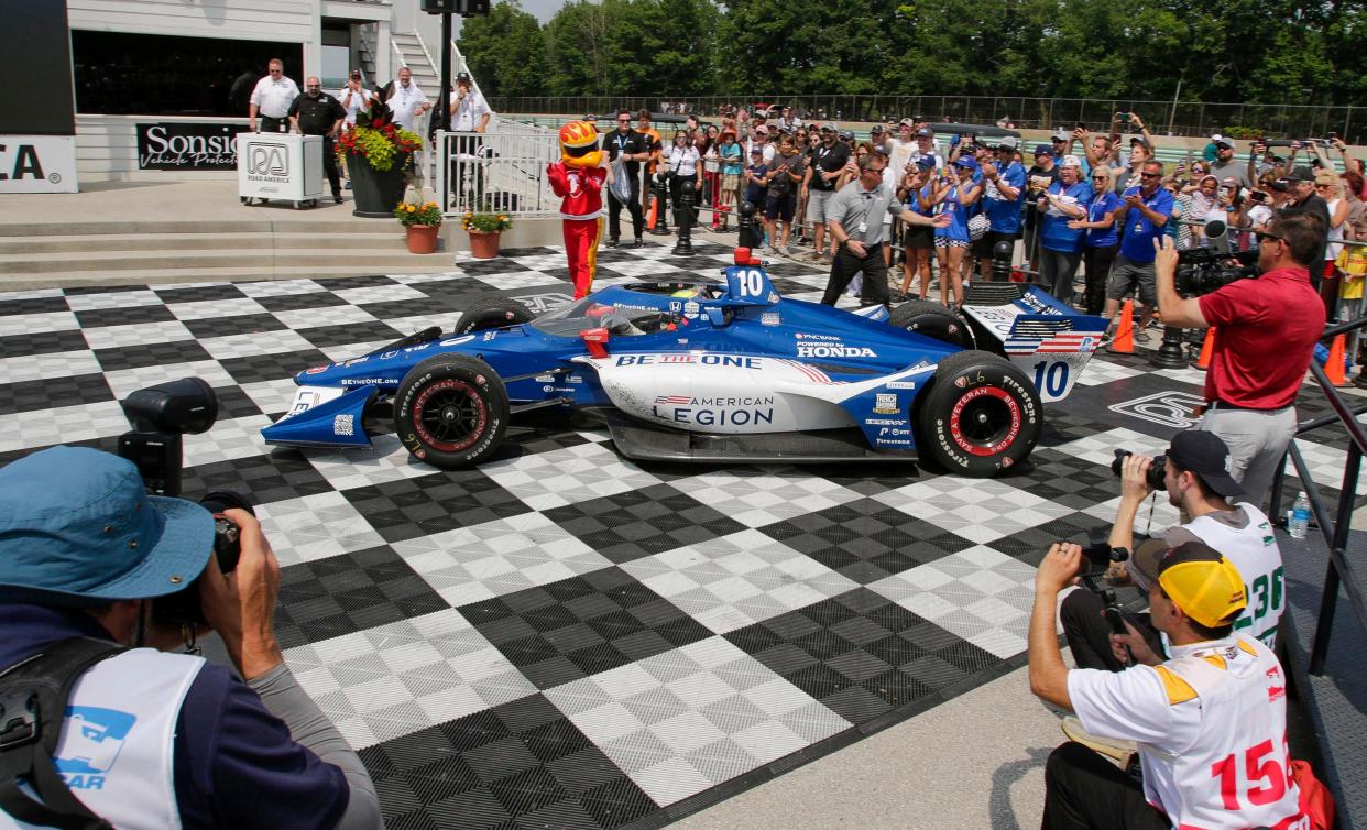 Alex Palou enters victory lane following the 2023 NTT IndyCar Series Sonsio Grand Prix.