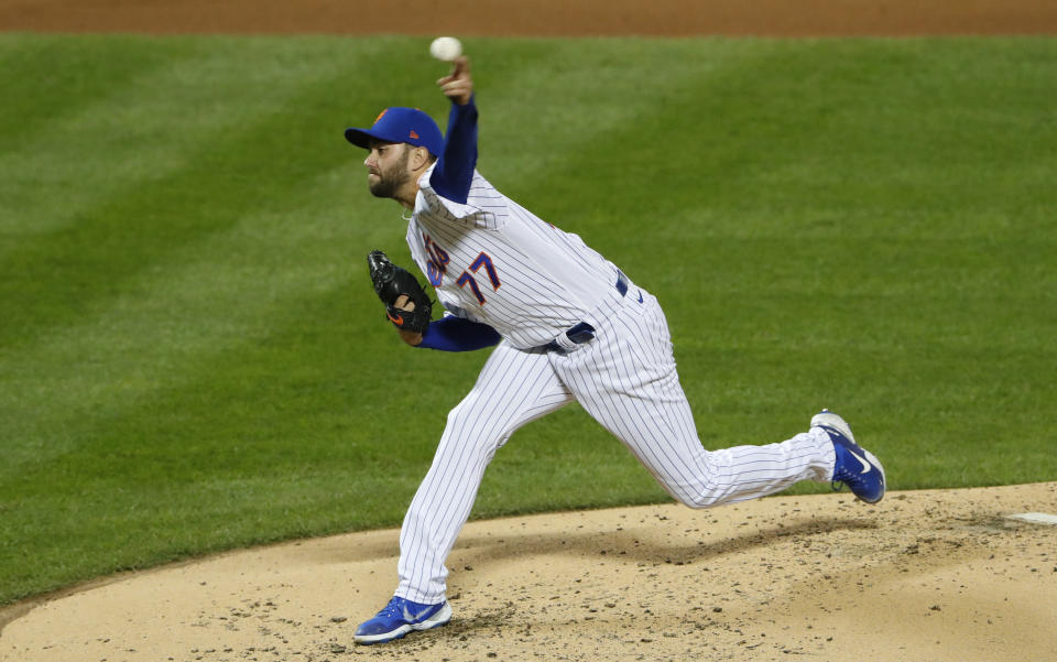 New York Mets starting pitcher David Peterson throws to an Atlanta Braves batter during the third inning of a baseball game Saturday, Sept. 19, 2020, in New York. (AP Photo/Noah K. Murray)