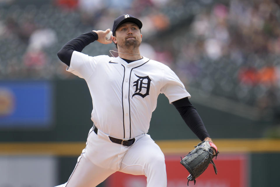 Detroit Tigers pitcher Casey Mize throws against the Miami Marlins in the first inning of a baseball game, Wednesday, May 15, 2024, in Detroit. (AP Photo/Paul Sancya)