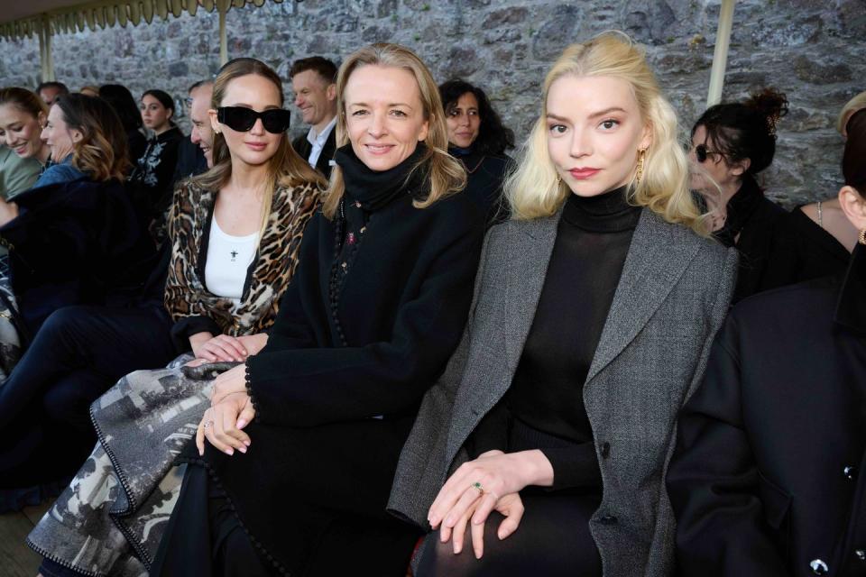 jennifer lawrence, delphine arnault and anya taylor joy at the dior cruise 2025 show held at drummond castle on june 3, 2024 in perthshire, scotland