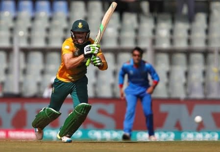 Cricket - South Africa v Afghanistan - World Twenty20 cricket tournament - Mumbai, India, 20/03/2016. South Africa's captain Faf du Plessis plays a shot. REUTERS/Danish Siddiqui